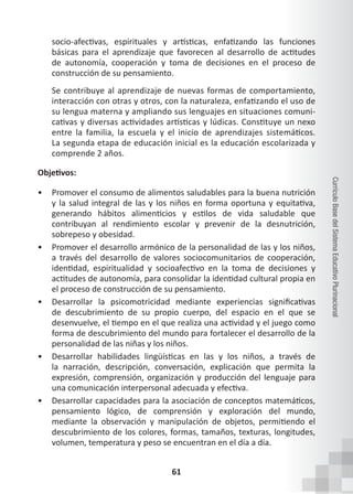 61
Currículo
Base
del
Sistema
Educativo
Plurinacional
socio-afectivas, espirituales y artísticas, enfatizando las funciones
básicas para el aprendizaje que favorecen al desarrollo de actitudes
de autonomía, cooperación y toma de decisiones en el proceso de
construcción de su pensamiento.
Se contribuye al aprendizaje de nuevas formas de comportamiento,
interacción con otras y otros, con la naturaleza, enfatizando el uso de
su lengua materna y ampliando sus lenguajes en situaciones comuni-
cativas y diversas actividades artísticas y lúdicas. Constituye un nexo
entre la familia, la escuela y el inicio de aprendizajes sistemáticos.
La segunda etapa de educación inicial es la educación escolarizada y
comprende 2 años.
Objetivos:
• Promover el consumo de alimentos saludables para la buena nutrición
y la salud integral de las y los niños en forma oportuna y equitativa,
generando hábitos alimenticios y estilos de vida saludable que
contribuyan al rendimiento escolar y prevenir de la desnutrición,
sobrepeso y obesidad.
• Promover el desarrollo armónico de la personalidad de las y los niños,
a través del desarrollo de valores sociocomunitarios de cooperación,
identidad, espiritualidad y socioafectivo en la toma de decisiones y
actitudes de autonomía, para consolidar la identidad cultural propia en
el proceso de construcción de su pensamiento.
• Desarrollar la psicomotricidad mediante experiencias significativas
de descubrimiento de su propio cuerpo, del espacio en el que se
desenvuelve, el tiempo en el que realiza una actividad y el juego como
forma de descubrimiento del mundo para fortalecer el desarrollo de la
personalidad de las niñas y los niños.
• Desarrollar habilidades lingüísticas en las y los niños, a través de
la narración, descripción, conversación, explicación que permita la
expresión, comprensión, organización y producción del lenguaje para
una comunicación interpersonal adecuada y efectiva.
• Desarrollar capacidades para la asociación de conceptos matemáticos,
pensamiento lógico, de comprensión y exploración del mundo,
mediante la observación y manipulación de objetos, permitiendo el
descubrimiento de los colores, formas, tamaños, texturas, longitudes,
volumen, temperatura y peso se encuentran en el día a día.
 