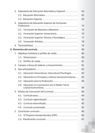 2.   Subsistema de Educación Alternativa y Especial............................. 64
2.1.  Educación Alternativa.......................................................................... 65
		 2.2. Educación Especial................................................................................ 69
3. Subsistema de Educación Superior de Formación
		Profesional............................................................................................................ 73
		 3.1. Formación de Maestras y Maestros........................................... 74
		 3.2. Formación Superior Universitaria................................................ 76
		 3.3. Formación Superior Técnica y Tecnológica............................. 77
3.4. Formación Artística.............................................................................. 78
4. Transitabilidad.................................................................................................... 78
V. Elementos del currículo........................................................................................... 80
1.   Objetivos holísticos y perfiles de salida................................................ 80
		 1.1. Dimensiones............................................................................................ 80
1.2. Perfiles de salida.................................................................................... 81
2. Campos y Áreas de Saberes y Conocimientos.................................. 81
3.   Ejes articuladores.............................................................................................. 82
		 3.1. Educación Intracultural, Intercultural Plurilingüe............... 82
3.2. Educación en Principios y Valores Sociocomunitarios...... 83
		 3.3. Educación para la Producción........................................................ 84
		 3.4. Educación en convivencia con la Madre Tierra
			 y Salud Comunitaria............................................................................. 84
4. Niveles de Concreción del Currículo....................................................... 84
		 4.1. Currículo base......................................................................................... 84
		 4.2. Currículo regionalizado...................................................................... 85
4.3. Currículo diversificado........................................................................ 85
		 4.4. Currículo armonizado......................................................................... 85
5. Concreción curricular...................................................................................... 86
5.1. El Proyecto Socioproductivo (PSP)............................................... 86
5.2.  Planificación curricular........................................................................ 87
 