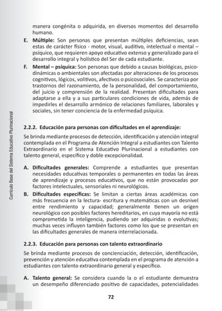 72
Currículo
Base
del
Sistema
Educativo
Plurinacional
manera congénita o adquirida, en diversos momentos del desarrollo
humano.
E. Múltiple: Son personas que presentan múltiples deficiencias, sean
estas de carácter físico - motor, visual, auditivo, intelectual o mental –
psíquico, que requieren apoyo educativo extenso y generalizado para el
desarrollo integral y holístico del Ser de cada estudiante.
F. Mental – psíquica: Son personas que debido a causas biológicas, psico-
dinámicas o ambientales son afectadas por alteraciones de los procesos
cognitivos, lógicos, volitivos, afectivos o psicosociales. Se caracteriza por
trastornos del razonamiento, de la personalidad, del comportamiento,
del juicio y comprensión de la realidad. Presentan dificultades para
adaptarse a ella y a sus particulares condiciones de vida, además de
impedirles el desarrollo armónico de relaciones familiares, laborales y
sociales, sin tener conciencia de la enfermedad psíquica.
2.2.2. Educación para personas con dificultades en el aprendizaje:
Se brinda mediante procesos de detección, identificación y atención integral
contemplada en el Programa de Atención Integral a estudiantes con Talento
Extraordinario en el Sistema Educativo Plurinacional a estudiantes con
talento general, específico y doble excepcionalidad.
A. Dificultades generales: Comprende a estudiantes que presentan
necesidades educativas temporales o permanentes en todas las áreas
de aprendizaje y procesos educativos, que no están provocadas por
factores intelectuales, sensoriales ni neurológicos.
B. Dificultades específicas: Se limitan a ciertas áreas académicas con
más frecuencia en la lectura- escritura y matemáticas con un desnivel
entre rendimiento y capacidad; generalmente tienen un origen
neurológico con posibles factores hereditarios, en cuya mayoría no está
comprometida la inteligencia, pudiendo ser adquiridas o evolutivas;
muchas veces influyen también factores como los que se presentan en
las dificultades generales de manera interrelacionada.
2.2.3. Educación para personas con talento extraordinario
Se brinda mediante procesos de concienciación, detección, identificación,
prevención y atención educativa contemplada en el programa de atención a
estudiantes con talento extraordinario general y específico.
A. Talento general: Se considera cuando la o el estudiante demuestra
un desempeño diferenciado positivo de capacidades, potencialidades
 
