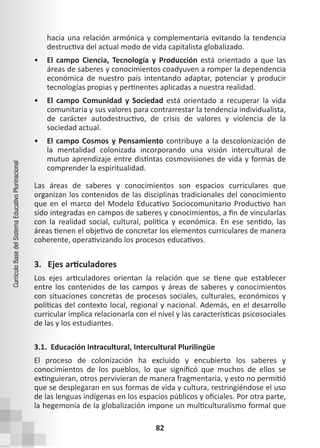 82
Currículo
Base
del
Sistema
Educativo
Plurinacional
hacia una relación armónica y complementaria evitando la tendencia
destructiva del actual modo de vida capitalista globalizado.
• El campo Ciencia, Tecnología y Producción está orientado a que las
áreas de saberes y conocimientos coadyuven a romper la dependencia
económica de nuestro país intentando adaptar, potenciar y producir
tecnologías propias y pertinentes aplicadas a nuestra realidad.
• El campo Comunidad y Sociedad está orientado a recuperar la vida
comunitaria y sus valores para contrarrestar la tendencia individualista,
de carácter autodestructivo, de crisis de valores y violencia de la
sociedad actual.
• El campo Cosmos y Pensamiento contribuye a la descolonización de
la mentalidad colonizada incorporando una visión intercultural de
mutuo aprendizaje entre distintas cosmovisiones de vida y formas de
comprender la espiritualidad.
Las áreas de saberes y conocimientos son espacios curriculares que
organizan los contenidos de las disciplinas tradicionales del conocimiento
que en el marco del Modelo Educativo Sociocomunitario Productivo han
sido integradas en campos de saberes y conocimientos, a fin de vincularlas
con la realidad social, cultural, política y económica. En ese sentido, las
áreas tienen el objetivo de concretar los elementos curriculares de manera
coherente, operativizando los procesos educativos.
3. Ejes articuladores
Los ejes articuladores orientan la relación que se tiene que establecer
entre los contenidos de los campos y áreas de saberes y conocimientos
con situaciones concretas de procesos sociales, culturales, económicos y
políticas del contexto local, regional y nacional. Además, en el desarrollo
curricular implica relacionarla con el nivel y las características psicosociales
de las y los estudiantes.
3.1. Educación Intracultural, Intercultural Plurilingüe
El proceso de colonización ha excluido y encubierto los saberes y
conocimientos de los pueblos, lo que significó que muchos de ellos se
extinguieran, otros pervivieran de manera fragmentaria, y esto no permitió
que se desplegaran en sus formas de vida y cultura, restringiéndose el uso
de las lenguas indígenas en los espacios públicos y oficiales. Por otra parte,
la hegemonía de la globalización impone un multiculturalismo formal que
 