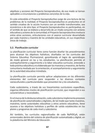 87
Currículo
Base
del
Sistema
Educativo
Plurinacional
objetivos y acciones del Proyecto Socioproductivo, de ese modo se tornan
aplicables a circunstancias y problemas concretos de la vida.
En este entendido el Proyecto Socioproductivo surge de una lectura de los
problemas de la realidad; el Proyecto Socioproductivo es productivo en el
sentido creativo de la acción humana con un sentido transformador, sea
económica o de otro tipo; el Proyecto Socioproductivo es participativo, en
el sentido de que se elabora y desarrolla de un modo conjunto con actores
educativos y actores de la comunidad; el Proyecto Socioproductivo involucra
entre otras acciones, articulaciones con el avance curricular desarrollado
por cada maestra y maestro de las unidades educativas, en sus respectivas
áreas de trabajo.
5.2. Planificación curricular
La planificación curricular tiene como función diseñar los procedimientos
para alcanzar los objetivos holísticos, diseñados en los currículos del
Sistema Educativo Plurinacional, garantizando el logro de aprendizajes
de modo general en las y los estudiantes. La planificación permite el
acompañamiento y seguimiento a la labor educativa curricular, antecede a
toda práctica educativa y es elaborada por las maestras y maestros, de forma
comunitaria mediada por la orientación, el acompañamiento y seguimiento
de la autoridad educativa inmediata.
La planificación curricular permite aplicar adaptaciones en los diferentes
elementos del currículo para responder a las diversos contextos
socioculturales y particularidades que presenten las y los estudiantes.
Cada susbsistema, a través de sus lineamientos curriculares específicos,
organiza diferentes niveles de planificación curricular, que responden a sus
características y necesidades.  
En el marco de la desburocratización, cada subsistema implementa procesos
de planificación automátizados y digitales, de tal modo que tanto maestras,
maestros, como autoridades educativas y otros actores educativos, tiene
accesos a los objetivos holísticos y perfiles de salida establecidos en los
planes y programas de cada nivel y subsistema.
Así también, los currículos regionalizados de cada NyPIOCyA, están
armonizados dentro del sistema de planificación automatizada y digital, en
la plataforma del Ministro de Educación.
 