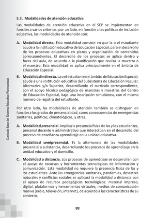 88
Currículo
Base
del
Sistema
Educativo
Plurinacional
5.3. Modalidades de atención educativa
Las modalidades de atención educativa en el SEP se implementan en
función a varios criterios: por un lado, en función a las políticas de inclusión
educativa, las modalidades de atención son:
A. Modalidad directa. Esta modalidad consiste en que la o el estudiante
acude a la institución educativa de Educación Especial, para el desarrollo
de los procesos educativos en plazos y organización de contenidos
correspondientes. El desarrollo de los procesos se aplica dentro y
fuera del aula, de acuerdo a la planificación que realiza la maestra o
el maestro. Esta modalidad se aplica principalmente en el ámbito de
Educación Especial.
B. Modalidadindirecta.LaoelestudiantedelámbitodeEducaciónEspecial,
acude a una institución educativa del Subsistema de Educación Regular,
Alternativa y/o Superior, desarrollando el currículo correspondiente,
con el apoyo técnico pedagógico de maestras y maestros del Centro
de Educación Especial, bajo una inscripción simultánea, con el mismo
número de registro del estudiante.
Por otro lado, las modalidades de atención también se distinguen en
función a los grados de presencialidad, como consecuencias de emergencias
sanitarias, políticas, climatológicas, y otras.
A. Modalidad presencial. Implica la presencia física de las y los estudiantes,
personal docente y administrativo que interactúan en el desarrollo del
proceso de enseñanza aprendizaje en la unidad educativa.
B. Modalidad semipresencial. Es la alternancia de las modalidades
presencial y a distancia, desarrollando los procesos de aprendizaje en la
unidad educativa y el domicilio.
C. Modalidad a distancia. Los procesos de aprendizaje se desarrollan con
el apoyo de recursos y herramientas tecnológicas de información y
comunicación. Esta modalidad no requiere la presencia física de las y
los estudiantes. Ante las emergencias sanitarias, pandemias, desastres
naturales y conflictos sociales se aplicará la modalidad a distancia con
el apoyo de recursos pedagógicos tecnológicos: material impreso,
digital, plataformas y herramientas virtuales, medios de comunicación
masiva (radio, televisión, internet), de acuerdo a las características de su
contexto.
 