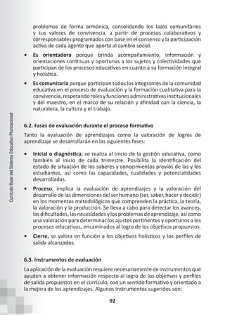 92
Currículo
Base
del
Sistema
Educativo
Plurinacional
problemas de forma armónica, consolidando los lazos comunitarios
y sus valores de convivencia, a partir de procesos colaborativos y
corresponsables programados con base en el consenso y la participación
activa de cada agente que aporta al cambio social.
• Es orientadora porque brinda acompañamiento, información y
orientaciones continuas y oportunas a los sujetos y colectividades que
participan de los procesos educativos en cuanto a su formación integral
y holística.
• Es comunitaria porque participan todos los integrantes de la comunidad
educativa en el proceso de evaluación y la formación cualitativa para la
convivencia,respetandorolesyfuncionesadministrativasinstitucionales
y del maestro, en el marco de su relación y afinidad con la ciencia, la
naturaleza, la cultura y el trabajo.
6.2. Fases de evaluación durante el proceso formativo
Tanto la evaluación de aprendizajes como la valoración de logros de
aprendizaje se desarrollarán en las siguientes fases:
• Inicial o diagnóstica, se realiza al inicio de la gestión educativa, como
también al inicio de cada trimestre. Posibilita la identificación del
estado de situación de los saberes y conocimientos previos de las y los
estudiantes, así como las capacidades, cualidades y potencialidades
desarrolladas.
• Proceso, implica la evaluación de aprendizajes y la valoración del
desarrollo de las dimensiones del ser humano (ser, saber, hacer y decidir)
en los momentos metodológicos que comprenden la práctica, la teoría,
la valoración y la producción. Se lleva a cabo para detectar los avances,
lasdificultades,lasnecesidadesylosproblemas deaprendizaje,así como
una valoración para determinar los ajustes pertinentes y oportunos a los
procesos educativos, encaminados al logro de los objetivos propuestos.
• Cierre, se valora en función a los objetivos holísticos y los perfiles de
salida alcanzados.
6.3. Instrumentos de evaluación
La aplicación de la evaluación requiere necesariamente de instrumentos que
ayuden a obtener información respecto al logro de los objetivos y perfiles
de salida propuestos en el currículo, con un sentido formativo y orientado a
la mejora de los aprendizajes. Algunos instrumentos sugeridos son:
 