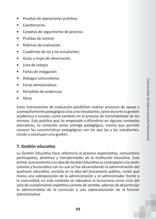 93
Currículo
Base
del
Sistema
Educativo
Plurinacional
• Pruebas de operaciones prácticas
• Cuestionarios
• Carpetas de seguimiento de proceso.
• Pruebas de control.
• Rúbricas de evaluación.
• Cuadernos de las y los estudiantes.
• Guías u hojas de observación.
• Lista de cotejos
• Fichas de indagación
• Diálogos comunitarios
• Ferias demostrativas
• Portafolio de evidencias
• Otros
Estos instrumentos de evaluación posibilitan realizar procesos de apoyo y
acompañamientopedagógicoalasylosestudiantes,tantodurantelagestión
académica o escolar, como también en el proceso de transitabilidad de los
mismos. Esta práctica que ha empezado a difundirse en algunos contextos
educativos, es conocida como entrega pedagógica, misma que permite
conocer las características pedagógicas con las que las y los estudiantes,
inician y concluyen una gestión.
7. Gestión educativa
La Gestión Educativa hace referencia al proceso organizativo, comunitario
participativo, dinámico y transformador de la Institución Educativa. Este
primer acercamiento a la idea de Gestión Educativa se contrapone a la visión
colonial y burocrática con la cual se fue desarrollando la administración del
quehacer educativo, anclada en la idea del funcionario público, visión que
marca una sobreposición de la administración y el administrador frente a
la comunidad; en este contexto se robustece la burocracia como vicio del
acto de cumplimiento repetitivo carente de sentido, además de desarticular
lo administrativo de lo curricular y una sobrevaloración de la función
administrativa.
 