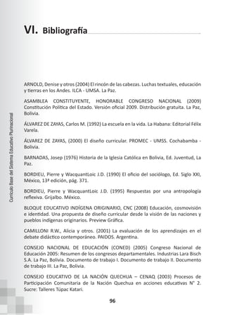 96
Currículo
Base
del
Sistema
Educativo
Plurinacional
ARNOLD, Denise y otros (2004) El rincón de las cabezas. Luchas textuales, educación
y tierras en los Andes. ILCA - UMSA. La Paz.
ASAMBLEA CONSTITUYENTE, HONORABLE CONGRESO NACIONAL (2009)
Constitución Política del Estado. Versión oficial 2009. Distribución gratuita. La Paz,
Bolivia.
ÁLVAREZ DE ZAYAS, Carlos M. (1992) La escuela en la vida. La Habana: Editorial Félix
Varela.
ÁLVAREZ DE ZAYAS, (2000) El diseño curricular. PROMEC - UMSS. Cochabamba -
Bolivia.
BARNADAS, Josep (1976) Historia de la Iglesia Católica en Bolivia, Ed. Juventud, La
Paz.
BORDIEU, Pierre y WacquantLoic J.D. (1990) El oficio del sociólogo, Ed. Siglo XXI,
México, 13ª edición, pág. 371.
BORDIEU, Pierre y WacquantLoic J.D. (1995) Respuestas por una antropología
reflexiva. Grijalbo. México.
BLOQUE EDUCATIVO INDÍGENA ORIGINARIO, CNC (2008) Educación, cosmovisión
e identidad. Una propuesta de diseño curricular desde la visión de las naciones y
pueblos indígenas originarios. Preview Gráfica.
CAMILLONI R.W., Alicia y otros. (2001) La evaluación de los aprendizajes en el
debate didáctico contemporáneo. PAIDOS. Argentina.
CONSEJO NACIONAL DE EDUCACIÓN (CONED) (2005) Congreso Nacional de
Educación 2005: Resumen de los congresos departamentales. Industrias Lara Bisch
S.A. La Paz, Bolivia. Documento de trabajo I. Documento de trabajo II. Documento
de trabajo III. La Paz, Bolivia.
CONSEJO EDUCATIVO DE LA NACIÓN QUECHUA – CENAQ (2003) Procesos de
Participación Comunitaria de la Nación Quechua en acciones educativas N° 2.
Sucre: Talleres Túpac Katari.
VI. Bibliografía
 