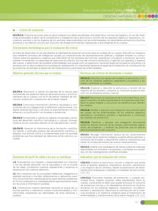 CIENCIAS NATURALES
141
Educación General Básica Media
Criterio de evaluación
CE.CN.3.5. Propone acciones para la salud integral (una dieta equilibrada, actividad física, normas de higiene y el uso de medi-
cinas ancestrales) a partir de la comprensión e indagación de la estructura y función de los aparatos digestivo, respiratorio, cir-
culatorio, excretor y de los órganos de los sentidos, relacionándolos con las enfermedades, los desórdenes alimenticios (bulimia,
anorexia) y los efectos nocivos por consumo de drogas estimulantes, depresoras y alucinógenas en su cuerpo.
Orientaciones metodológicas para la evaluación del criterio
Se trata de desarrollar en los estudiantes la habilidad de proponer acciones para el cuidado de su cuerpo. Para ello es necesario
que mediante procesos de indagación guiada y/u observaciones de representaciones gráficas y digitales amplíen su conoci-
miento sobre los aparatos y órganos que intervienen en los procesos de nutrición, respiración, circulación y excreción, así como
también incrementen su capacidad de relacionar los efectos nocivos del consumo de alcohol y cigarrillo con aparatos y órganos
del cuerpo, y determinen las posibles enfermedades que puede sufrir el organismo, haciendo especial hincapié en la bulimia y la
anorexia, por su alta incidencia en la población adolescente. Es importante destacar el papel de la medicina y la contribución de
las prácticas ancestrales al desarrollo de medicamentos para tratar las enfermedades.
Objetivos generales del área que se evalúan Destrezas con criterios de desempeño a evaluar
OG.CN.4. Reconocer y valorar los aportes de la ciencia para
comprender los aspectos básicos de la estructura y el funcio-
namiento de su cuerpo, con el fin de aplicar medidas de pro-
moción, protección y prevención de la salud integral.  
OG.CN.8. Comunicar información científica, resultados y con-
clusiones de sus indagaciones a diferentes interlocutores, me-
diante diversas técnicas y recursos, la argumentación crítica y
reflexiva y la justificación con pruebas y evidencias.
OG.CN.9 Comprender y valorar los saberes ancestrales y la his-
toria del desarrollo científico, tecnológico y cultural, conside-
rando la acción que estos ejercen en la vida personal y social.
OG.CN.10. Apreciar la importancia de la formación científica,
los valores y actitudes propios del pensamiento científico, y,
adoptar una actitud crítica y fundamentada ante los grandes
problemas que hoy plantean las relaciones entre ciencia y so-
ciedad.
CN.3.2.3. Describir, con apoyo de modelos, la estructura y fun-
ción de los sistemas digestivo, respiratorio, circulatorio y ex-
cretor y promover su cuidado.
CN.3.2.6. Explorar y describir la estructura y función de los
órganos de los sentidos, y explicar su importancia para la rela-
ción con el ambiente social y natural.
CN.3.2.7. Reconocer la importancia de la actividad física, la hi-
giene corporal y la dieta equilibrada en la pubertad para man-
tener la salud integral y comunicar los beneficios por diferen-
tes medios.
CN.3.2.8. Diseñar y ejecutar una indagación documental sobre
las causas de las enfermedades de los sistemas digestivo,
respiratorio, circulatorio, excretor y reproductor y comunicar
las medidas de prevención.
CN.3.2.9.  Planificar y ejecutar una indagación documental
sobre los efectos nocivos de las drogas -estimulantes, depre-
soras, alucinógenas-, y analizar las prácticas que se aplican
para la erradicación del consumo.
CN.3.5.1. Recoger información acerca de los conocimientos
ancestrales de la medicina indígena, pueblos afroecuatoriano y
montubio de Ecuador y argumentar sobre la importancia que
tienen en el descubrimiento de nuevos medicamentos.
CN.3.5.2. Diseñar una investigación de campo sobre las creencias
relacionadas con la bulimia y la anorexia, y comparar sus resulta-
dos con las investigaciones científicas actuales.
Elementos del perfil de salida a los que se contribuye Indicadores para la evaluación del criterio
J.3. Procedemos con respeto y responsabilidad con nosotros
y con las demás personas, con la naturaleza y con el mundo
de las ideas. Cumplimos nuestras obligaciones y exigimos la
observación de nuestros derechos.
I.2. Nos movemos por la curiosidad intelectual, indagamos la
realidad nacional y mundial, reflexionamos y aplicamos nues-
tros conocimientos interdisciplinarios para resolver problemas
en forma colaborativa e interdependiente aprovechando todos
los recursos e información posibles.
S.2. Construimos nuestra identidad nacional en busca de un
mundo pacífico y valoramos nuestra multiculturalidad y mul-
tietnicidad, respetando las identidades de otras personas y
pueblos.
I.CN.3.5.1. Explica la estructura, función y relación que existe
entre el aparato digestivo, respiratorio, excretor, reproductor
y los órganos de los sentidos, desde la observación de repre-
sentaciones analógicas o digitales y modelado de estructuras.
(J.3., I.2.)
I.CN.3.5.2. Promueve medidas de prevención y cuidado (ac-
tividad física, higiene corporal, dieta equilibrada) hacia su
cuerpo, conociendo el daño que puede provocar el consumo
de sustancias nocivas y los desórdenes alimenticios (bulimia,
anorexia) en los sistemas digestivo, respiratorio, circulatorio,
excretor y reproductor. Reconoce la contribución de la medi-
cina ancestral y la medicina moderna para el tratamiento de
enfermedades y mantenimiento de la salud integral. (J.3., S.2.)
 