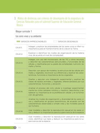 CN S 156
3. Matriz de destrezas con criterios de desempeño de la asignatura de
Ciencias Naturales para el subnivel Superior de Educación General
Básica
Bloque curricular 1
Los seres vivos y su ambiente
BÁSICOS IMPRESCINDIBLES BÁSICOS DESEABLES
CN.4.1.1.
Indagar y explicar las propiedades de los seres vivos e inferir su
importancia para el mantenimiento de la vida en la Tierra.
CN.4.1.2.
Explorar e identificar los niveles de organización de la materia
viva, de acuerdo al nivel de complejidad.
CN.4.1.3.
Indagar, con uso del microscopio, de las TIC u otros recursos,
y describir las características estructurales y funcionales de las
células, y clasificarlas por su grado de complejidad, nutrición, ta-
maño y forma.
CN.4.1.4.
Describir, con apoyo de modelos, la estructura de las células ani-
males y vegetales, reconocer sus diferencias y explicar las carac-
terísticas, funciones e importancia de los organelos.
CN.4.1.5.
Diseñar y ejecutar una indagación experimental y explicar las
clases de tejidos animales y vegetales, diferenciándolos por sus
características, funciones y ubicación.
CN.4.1.6.
Analizar el proceso del ciclo celular e investigar experimental-
mente los ciclos celulares mitótico y meiótico, describirlos y es-
tablecer su importancia en la proliferación celular y en la forma-
ción de gametos.
CN.4.1.7.
Analizar los niveles de organización y diversidad de los seres vi-
vos y clasificarlos en grupos taxonómicos, de acuerdo con las
características observadas a simple vista y las invisibles para el
ojo humano.
CN.4.1.8.
Usar modelos y describir la reproducción sexual en los seres vi-
vos y deducir su importancia para la supervivencia de la especie.
CN.4.1.9.
Usar modelos y describir la reproducción asexual en los seres
vivos, identificar sus tipos y deducir su importancia para la su-
pervivencia de la especie.
 
