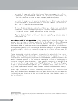 IN 14
•	 La matriz de progresión de los objetivos del área, que nos permite ver la evo-
lución de los objetivos de cada subnivel hasta los objetivos generales del área,
cuyo logro se ha de alcanzar en el Bachillerato General Unificado.
•	 La matriz de progresión de los criterios de evaluación del área, que presenta
la secuenciación de los criterios de evaluación por subnivel y su relación di-
recta con los objetivos generales del área.
•	 El mapa de contenidos conceptuales del área, que estructura el conjunto de
contenidos conceptuales propuestos para todos los subniveles de la Educa-
ción General Básica y para el Bachillerato General Unificado.
•	 Algunas áreas incluyen, también, un glosario específico y recursos para el
trabajo en el aula.
Concreción del área por subniveles. Incluye los elementos generales que definen,
caracterizan y configuran el área en cada subnivel de la Educación General Básica y
en el Bachillerato General Unificado: la contribución del subnivel a los objetivos ge-
nerales del área, los objetivos específicos del área para el subnivel, los contenidos,
expresados en destrezas con criterios de desempeño y estructurados en bloques
disciplinares, y los criterios de evaluación, que presentan el desarrollo curricular del
área.
Partiendo de cada criterio de evaluación, se describen los aprendizajes imprescindi-
bles y deseables3
que los estudiantes tienen que alcanzar en cada área, se ofrecen
orientaciones metodológicas y ejemplificaciones de tareas, y se especifican los ob-
jetivos generales del área a cuyo trabajo se contribuye. También se definen indica-
dores de evaluación que secuencian y concretan los estándares de aprendizaje y
sirven para evaluar el logro progresivo del perfil de salida. Por último, se ofrece un
mapa de los contenidos conceptuales que se proponen para cada subnivel de la
Educación General Básica y para el Bachillerato General Unificado, según el caso.
Todos estos elementos, así como la forma en que se estructuran e interrelacionan
en la propuesta, han sido pensados para facilitar el trabajo colaborativo de los do-
centes en torno al desarrollo de una propuesta curricular concreta para sus institu-
ciones educativas.
3 Ver Anexo II, para la delimitación del concepto de aprendizajes básicos, y su división en básicos imprescin-
dibles y básicos deseables.
 