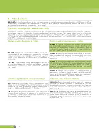 CN S 176
Criterio de evaluación
CE.CN.4.13. Infiere la importancia de las interacciones de los ciclos biogeoquímicos en la biósfera (litósfera, hidrósfera
y atmósfera), y los efectos del cambio climático producto de la alteración de las corrientes marinas y el impacto de las
actividades humanas en los ecosistemas y la sociedad.
Orientaciones metodológicas para la evaluación del criterio
Este criterio permitirá evidenciar la comprensión del estudiante sobre el desarrollo de ciclos biogeoquímicos, al inferir su
importancia y efectos en el cambio climático producto de la actividad humana. Para evaluar este criterio, se recomienda
desarrollar observaciones directas en diferentes ambientes, que permitan registrar datos, comparar registros en diferen-
tes momentos, además podría plantearse el estudio de un caso particular para identificar los conocimientos aprendidos
e identificar sus causas y consecuencias.
Objetivos generales del área que se evalúan Destrezas con criterios de desempeño a evaluar
OG.CN.8. Comunicar información científica, resultados y
conclusiones de sus indagaciones a diferentes interlocu-
tores, mediante diversas técnicas y recursos, la argumen-
tación crítica y reflexiva y la justificación con pruebas y
evidencias.
OG.CN.9. Comprender y valorar los saberes ancestrales y
la historia del desarrollo científico, tecnológico y cultural,
considerando la acción que estos ejercen en la vida perso-
nal y social.
CN.4.4.8. Explicar, con apoyo de modelos, la interacción
de los ciclos biogeoquímicos en la biosfera (litósfera, la hi-
drósfera y la atmósfera), e inferir su importancia para el
mantenimiento del equilibrio ecológico y los procesos vita-
les que tienen lugar en los seres vivos.
CN.4.4.9. Indagar y destacar los impactos de las activida-
des humanas sobre los ciclos biogeoquímicos, y comuni-
car las alteraciones en el ciclo del agua debido al cambio
climático.
CN.4.4.10. Investigar en forma documental sobre el cambio
climático y sus efectos en los casquetes polares, nevados
y capas de hielo, formular hipótesis sobre sus causas y
registrar evidencias sobre la actividad humana y el impacto
de esta en el clima.
CN.4.4.11. Indagar, con uso de las TIC y otros recursos, y
explicar los factores que afectan a las corrientes marinas,
como la de Humboldt y El Niño, y evaluar los impactos en
el clima, la vida marina y la industria pesquera.
Elementos del perfil de salida a los que se contribuye Indicadores para la evaluación del criterio
J.3. Procedemos con respeto y responsabilidad con noso-
tros y con las demás personas, con la naturaleza y con el
mundo de las ideas. Cumplimos nuestras obligaciones y
exigimos la observación de nuestros derechos.
I.4. Actuamos de manera organizada, con autonomía e
independencia; aplicamos el razonamiento lógico, crítico
y complejo; y practicamos la humildad intelectual en un
aprendizaje a lo largo de la vida.
I.CN.4.13.1. Determina, desde la observación de modelos e
información de diversas fuentes, la interacción de los ciclos
biogeoquímicos en un ecosistema y deduce los impactos
que producirían las actividades humanas en estos espa-
cios. (J.3., I.4.)
I.CN.4.13.2. Analiza los efectos de la alteración de las co-
rrientes marinas en el cambio climático, y a su vez, el im-
pacto de las actividades humanas en los ecosistemas y la
sociedad, apoyando su estudio en la revisión de diversas
fuentes. (J.3., I.4.)
 