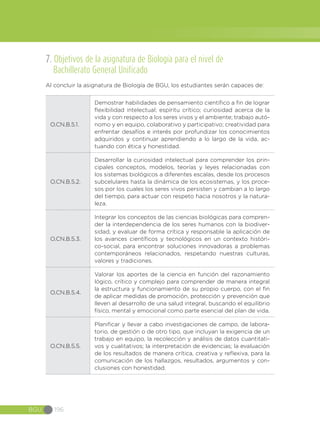 BGU 196
7. Objetivos de la asignatura de Biología para el nivel de
Bachillerato General Unificado
Al concluir la asignatura de Biología de BGU, los estudiantes serán capaces de:
O.CN.B.5.1.
Demostrar habilidades de pensamiento científico a fin de lograr
flexibilidad intelectual; espíritu crítico; curiosidad acerca de la
vida y con respecto a los seres vivos y el ambiente; trabajo autó-
nomo y en equipo, colaborativo y participativo; creatividad para
enfrentar desafíos e interés por profundizar los conocimientos
adquiridos y continuar aprendiendo a lo largo de la vida, ac-
tuando con ética y honestidad.
O.CN.B.5.2.
Desarrollar la curiosidad intelectual para comprender los prin-
cipales conceptos, modelos, teorías y leyes relacionadas con
los sistemas biológicos a diferentes escalas, desde los procesos
subcelulares hasta la dinámica de los ecosistemas, y los proce-
sos por los cuales los seres vivos persisten y cambian a lo largo
del tiempo, para actuar con respeto hacia nosotros y la natura-
leza.
O.CN.B.5.3.
Integrar los conceptos de las ciencias biológicas para compren-
der la interdependencia de los seres humanos con la biodiver-
sidad, y evaluar de forma crítica y responsable la aplicación de
los avances científicos y tecnológicos en un contexto históri-
co-social, para encontrar soluciones innovadoras a problemas
contemporáneos relacionados, respetando nuestras culturas,
valores y tradiciones.
O.CN.B.5.4.
Valorar los aportes de la ciencia en función del razonamiento
lógico, crítico y complejo para comprender de manera integral
la estructura y funcionamiento de su propio cuerpo, con el fin
de aplicar medidas de promoción, protección y prevención que
lleven al desarrollo de una salud integral, buscando el equilibrio
físico, mental y emocional como parte esencial del plan de vida.
O.CN.B.5.5.
Planificar y llevar a cabo investigaciones de campo, de labora-
torio, de gestión o de otro tipo, que incluyan la exigencia de un
trabajo en equipo, la recolección y análisis de datos cuantitati-
vos y cualitativos; la interpretación de evidencias; la evaluación
de los resultados de manera crítica, creativa y reflexiva, para la
comunicación de los hallazgos, resultados, argumentos y con-
clusiones con honestidad.
 