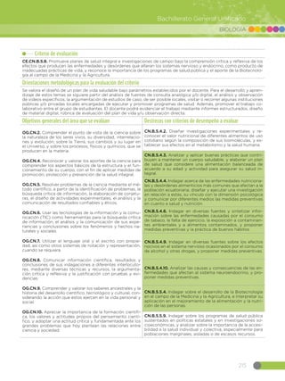 215
Bachillerato General Unificado
BIOLOGÍA
Criterio de evaluación
CE.CN.B.5.8. Promueve planes de salud integral e investigaciones de campo bajo la comprensión crítica y reflexiva de los
efectos que producen las enfermedades y desórdenes que alteran los sistemas nervioso y endocrino, como producto de
inadecuadas prácticas de vida, y reconoce la importancia de los programas de salud pública y el aporte de la Biotecnolo-
gía al campo de la Medicina y la Agricultura.
Orientaciones metodológicas para la evaluación del criterio
Se valora el diseño de un plan de vida saludable bajo parámetros establecidos por el docente. Para el desarrollo y apren-
dizaje de estos temas se siguiere partir del análisis de fuentes de consulta analógica y/o digital, el análisis y observación
de videos específicos, la argumentación de estudios de caso, de ser posible locales, visitar o recorrer algunas instituciones
públicas y/o privadas locales encargadas de ejecutar y promover programas de salud. Además, promover el trabajo co-
laborativo entre el grupo de estudiantes. El docente podrá evidenciar el trabajo mediante informes estructurados, diseño
de material digital, rúbrica de evaluación del plan de vida y/u observación directa.
Objetivos generales del área que se evalúan Destrezas con criterios de desempeño a evaluar
OG.CN.2. Comprender el punto de vista de la ciencia sobre
la naturaleza de los seres vivos, su diversidad, interrelacio-
nes y evolución; sobre la Tierra, sus cambios y su lugar en
el Universo, y sobre los procesos, físicos y químicos, que se
producen en la materia.
OG.CN.4. Reconocer y valorar los aportes de la ciencia para
comprender los aspectos básicos de la estructura y el fun-
cionamiento de su cuerpo, con el fin de aplicar medidas de
promoción, protección y prevención de la salud integral.
OG.CN.5. Resolver problemas de la ciencia mediante el mé-
todo científico, a partir de la identificación de problemas, la
búsqueda crítica de información, la elaboración de conjetu-
ras, el diseño de actividades experimentales, el análisis y la
comunicación de resultados confiables y éticos.
OG.CN.6. Usar las tecnologías de la información y la comu-
nicación (TIC) como herramientas para la búsqueda crítica
de información, el análisis y la comunicación de sus expe-
riencias y conclusiones sobre los fenómenos y hechos na-
turales y sociales.
OG.CN.7. Utilizar el lenguaje oral y el escrito con propie-
dad, así como otros sistemas de notación y representación,
cuando se requiera.
OG.CN.8. Comunicar información científica, resultados y
conclusiones de sus indagaciones a diferentes interlocuto-
res, mediante diversas técnicas y recursos, la argumenta-
ción crítica y reflexiva y la justificación con pruebas y evi-
dencias.
OG.CN.9. Comprender y valorar los saberes ancestrales y la
historia del desarrollo científico, tecnológico y cultural, con-
siderando la acción que estos ejercen en la vida personal y
social.
OG.CN.10. Apreciar la importancia de la formación científi-
ca, los valores y actitudes propios del pensamiento cientí-
fico, y adoptar una actitud crítica y fundamentada ante los
grandes problemas que hoy plantean las relaciones entre
ciencia y sociedad.
CN.B.5.4.2. Diseñar investigaciones experimentales y re-
conocer el valor nutricional de diferentes alimentos de uso
cotidiano según la composición de sus biomoléculas, y es-
tablecer sus efectos en el metabolismo y la salud humana.
CN.B.5.4.3. Analizar y aplicar buenas prácticas que contri-
buyen a mantener un cuerpo saludable, y elaborar un plan
de salud que considere una alimentación balanceada de
acuerdo a su edad y actividad para asegurar su salud in-
tegral.
CN.B.5.4.4. Indagar acerca de las enfermedades nutriciona-
les y desórdenes alimenticios más comunes que afectan a la
población ecuatoriana, diseñar y ejecutar una investigación
en relación a estas, su vínculo con la dimensión psicológica
y comunicar por diferentes medios las medidas preventivas
en cuanto a salud y nutrición.
CN.B.5.4.6. Indagar en diversas fuentes y sintetizar infor-
mación sobre las enfermedades causadas por el consumo
de tabaco, la falta de ejercicio, la exposición a contaminan-
tes ambientales y a alimentos contaminados, y proponer
medidas preventivas y la práctica de buenos hábitos.
CN.B.5.4.9. Indagar en diversas fuentes sobre los efectos
nocivos en el sistema nervioso ocasionados por el consumo
de alcohol y otras drogas, y proponer medidas preventivas.
CN.B.5.4.10. Analizar las causas y consecuencias de las en-
fermedades que afectan al sistema neuroendocrino, y pro-
poner medidas preventivas.
CN.B.5.5.4. Indagar sobre el desarrollo de la Biotecnología
en el campo de la Medicina y la Agricultura, e interpretar su
aplicación en el mejoramiento de la alimentación y la nutri-
ción de las personas.
CN.B.5.5.9. Indagar sobre los programas de salud pública
sustentados en políticas estatales y en investigaciones so-
cioeconómicas, y analizar sobre la importancia de la accesi-
bilidad a la salud individual y colectiva, especialmente para
poblaciones marginales, aisladas o de escasos recursos.
 
