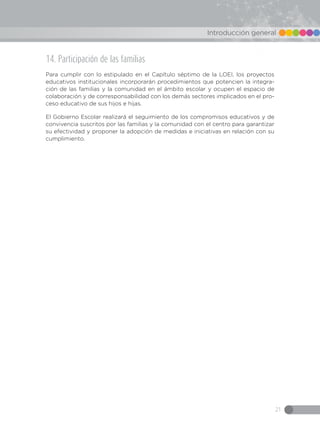 21
Introducción general
14. Participación de las familias
Para cumplir con lo estipulado en el Capítulo séptimo de la LOEI, los proyectos
educativos institucionales incorporarán procedimientos que potencien la integra-
ción de las familias y la comunidad en el ámbito escolar y ocupen el espacio de
colaboración y de corresponsabilidad con los demás sectores implicados en el pro-
ceso educativo de sus hijos e hijas.
El Gobierno Escolar realizará el seguimiento de los compromisos educativos y de
convivencia suscritos por las familias y la comunidad con el centro para garantizar
su efectividad y proponer la adopción de medidas e iniciativas en relación con su
cumplimiento.
 