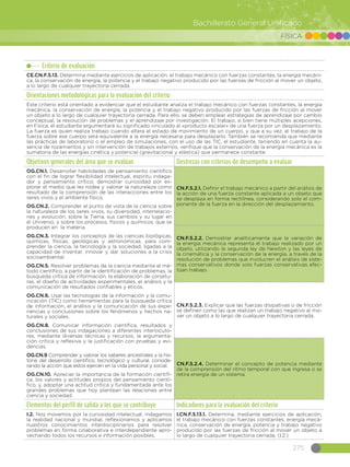 275
Bachillerato General Unificado
FÍSICA
Criterio de evaluación
CE.CN.F.5.13. Determina mediante ejercicios de aplicación, el trabajo mecánico con fuerzas constantes, la energía mecáni-
ca, la conservación de energía, la potencia y el trabajo negativo producido por las fuerzas de fricción al mover un objeto,
a lo largo de cualquier trayectoria cerrada.
Orientaciones metodológicas para la evaluación del criterio
Este criterio está orientado a evidenciar que el estudiante analiza el trabajo mecánico con fuerzas constantes, la energía
mecánica, la conservación de energía, la potencia y el trabajo negativo producido por las fuerzas de fricción al mover
un objeto a lo largo de cualquier trayectoria cerrada. Para ello, se deben emplear estrategias de aprendizaje por cambio
conceptual, la resolución de problemas y el aprendizaje por investigación. El trabajo, si bien tiene múltiples acepciones,
en Física, el estudiante argumentará su significado vinculado al «producto escalar» de una fuerza por un desplazamiento.
La fuerza es quien realiza trabajo cuando altera el estado de movimiento de un cuerpo, y que a su vez, el trabajo de la
fuerza sobre ese cuerpo será equivalente a la energía necesaria para desplazarlo. También se recomienda que mediante
las prácticas de laboratorio o el empleo de simulaciones, con el uso de las TIC, el estudiante, teniendo en cuenta la au-
sencia de rozamientos y sin intervención de trabajos externos, verifique que la conservación de la energía mecánica es la
sumatoria de las energías cinética y potencial (gravitacional y elástica) que permanece constante.
Objetivos generales del área que se evalúan Destrezas con criterios de desempeño a evaluar
OG.CN.1. Desarrollar habilidades de pensamiento científico
con el fin de lograr flexibilidad intelectual, espíritu indaga-
dor y pensamiento crítico; demostrar curiosidad por ex-
plorar el medio que les rodea y valorar la naturaleza como
resultado de la comprensión de las interacciones entre los
seres vivos y el ambiente físico.
OG.CN.2. Comprender el punto de vista de la ciencia sobre
la naturaleza de los seres vivos, su diversidad, interrelacio-
nes y evolución; sobre la Tierra, sus cambios y su lugar en
el Universo, y sobre los procesos, físicos y químicos, que se
producen en la materia.
OG.CN.3. Integrar los conceptos de las ciencias biológicas,
químicas, físicas, geológicas y astronómicas, para com-
prender la ciencia, la tecnología y la sociedad, ligadas a la
capacidad de inventar, innovar y dar soluciones a la crisis
socioambiental.
OG.CN.5. Resolver problemas de la ciencia mediante el mé-
todo científico, a partir de la identificación de problemas, la
búsqueda crítica de información, la elaboración de conjetu-
ras, el diseño de actividades experimentales, el análisis y la
comunicación de resultados confiables y éticos. 
OG.CN.6. Usar las tecnologías de la información y la comu-
nicación (TIC) como herramientas para la búsqueda crítica
de información, el análisis y la comunicación de sus expe-
riencias y conclusiones sobre los fenómenos y hechos na-
turales y sociales.  
OG.CN.8. Comunicar información científica, resultados y
conclusiones de sus indagaciones a diferentes interlocuto-
res, mediante diversas técnicas y recursos, la argumenta-
ción crítica y reflexiva y la justificación con pruebas y evi-
dencias.
OG.CN.9 Comprender y valorar los saberes ancestrales y la his-
toria del desarrollo científico, tecnológico y cultural, conside-
rando la acción que estos ejercen en la vida personal y social.
OG.CN.10. Apreciar la importancia de la formación científi-
ca, los valores y actitudes propios del pensamiento cientí-
fico, y, adoptar una actitud crítica y fundamentada ante los
grandes problemas que hoy plantean las relaciones entre
ciencia y sociedad.
CN.F.5.2.1. Definir el trabajo mecánico a partir del análisis de
la acción de una fuerza constante aplicada a un objeto que
se desplaza en forma rectilínea, considerando solo el com-
ponente de la fuerza en la dirección del desplazamiento.
CN.F.5.2.2. Demostrar analíticamente que la variación de
la energía mecánica representa el trabajo realizado por un
objeto, utilizando la segunda ley de Newton y las leyes de
la cinemática y la conservación de la energía, a través de la
resolución de problemas que involucren el análisis de siste-
mas conservativos donde solo fuerzas conservativas efec-
túan trabajo.
CN.F.5.2.3. Explicar que las fuerzas disipativas o de fricción
se definen como las que realizan un trabajo negativo al mo-
ver un objeto a lo largo de cualquier trayectoria cerrada.
CN.F.5.2.4. Determinar el concepto de potencia mediante
de la comprensión del ritmo temporal con que ingresa o se
retira energía de un sistema.
Elementos del perfil de salida a los que se contribuye Indicadores para la evaluación del criterio
I.2. Nos movemos por la curiosidad intelectual, indagamos
la realidad nacional y mundial, reflexionamos y aplicamos
nuestros conocimientos interdisciplinarios para resolver
problemas en forma colaborativa e interdependiente apro-
vechando todos los recursos e información posibles.
I.CN.F.5.13.1. Determina, mediante ejercicios de aplicación,
el trabajo mecánico con fuerzas constantes, energía mecá-
nica, conservación de energía, potencia y trabajo negativo
producido por las fuerzas de fricción al mover un objeto a
lo largo de cualquier trayectoria cerrada. (I.2.)
 