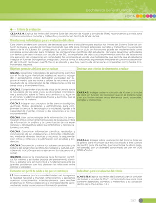 283
Bachillerato General Unificado
FÍSICA
Criterio de evaluación
CE.CN.F.5.18. Explica los límites del Sistema Solar (el cinturón de Kuiper y la nube de Oort) reconociendo que esta zona
contiene asteroides, cometas y meteoritos y su ubicación dentro de la Vía Láctea.
Orientaciones metodológicas para la evaluación del criterio
Este criterio evidencia el conjunto de destrezas que tiene el estudiante para explicar los límites del Sistema Solar (el cin-
turón de Kuiper y la nube de Oort) reconociendo que esta zona contiene asteroides, cometas y meteoritos y su ubicación
dentro de la Vía Láctea. En consecuencia, la conformación de un club de Astronomía puede ser implementada como
estrategia extracurricular para fortalecer las competencias científicas del estudiante. Conviene desarrollar actividades
con temas que sean tratados con ayuda de las TIC, acompañadas de prácticas y experimentos sencillos de laboratorio
o la ejecución de simulaciones en computador. Se recomienda el uso de una metodología que permita que el estudiante
indague en fuentes bibliográficas o digitales. De esta forma, el educando argumentará mediante el contenido desarrolla-
do del cinturón de Kiuper, que Plutón no es planeta y que hay cuerpos de dimensiones comparables como Sedna, Eris,
Makemake, Haumea.
Objetivos generales del área que se evalúan Destrezas con criterios de desempeño a evaluar
OG.CN.1. Desarrollar habilidades de pensamiento científico
con el fin de lograr flexibilidad intelectual, espíritu indaga-
dor y pensamiento crítico; demostrar curiosidad por ex-
plorar el medio que les rodea y valorar la naturaleza como
resultado de la comprensión de las interacciones entre los
seres vivos y el ambiente físico.
OG.CN.2. Comprender el punto de vista de la ciencia sobre
la naturaleza de los seres vivos, su diversidad, interrelacio-
nes y evolución; sobre la Tierra, sus cambios y su lugar en
el Universo, y sobre los procesos, físicos y químicos, que se
producen en la materia.
OG.CN.3. Integrar los conceptos de las ciencias biológicas,
químicas, físicas, geológicas y astronómicas, para com-
prender la ciencia, la tecnología y la sociedad, ligadas a la
capacidad de inventar, innovar y dar soluciones a la crisis
socioambiental.
OG.CN.6. Usar las tecnologías de la información y la comu-
nicación (TIC) como herramientas para la búsqueda crítica
de información, el análisis y la comunicación de sus expe-
riencias y conclusiones sobre los fenómenos y hechos na-
turales y sociales.  
OG.CN.8. Comunicar información científica, resultados y
conclusiones de sus indagaciones a diferentes interlocuto-
res, mediante diversas técnicas y recursos, la argumenta-
ción crítica y reflexiva y la justificación con pruebas y evi-
dencias.
OG.CN.9 Comprender y valorar los saberes ancestrales y la
historia del desarrollo científico, tecnológico y cultural, con-
siderando la acción que estos ejercen en la vida personal y
social.
OG.CN.10. Apreciar la importancia de la formación científi-
ca, los valores y actitudes propios del pensamiento cientí-
fico, y, adoptar una actitud crítica y fundamentada ante los
grandes problemas que hoy plantean las relaciones entre
ciencia y sociedad.
CN.F.5.4.3. Indagar sobre el cinturón de Kuiper y la nube
de Oort, en función de reconocer que en el Sistema Solar
y en sus límites existen otros elementos como asteroides,
cometas y meteoritos.
CN.F.5.4.4. Indagar sobre la ubicación del Sistema Solar en
la galaxia para reconocer que está localizado a tres cuartos
del centro de la Vía Láctea, que tiene forma de disco (espi-
ral barrada) con un diámetro aproximado de cien mil (100
000) años luz.
Elementos del perfil de salida a los que se contribuye Indicadores para la evaluación del criterio
I.2. Nos movemos por la curiosidad intelectual, indagamos
la realidad nacional y mundial, reflexionamos y aplicamos
nuestros conocimientos interdisciplinarios para resolver
problemas en forma colaborativa e interdependiente apro-
vechando todos los recursos e información posibles.
I.CN.F.5.18.1 Explica los límites del Sistema Solar (el cinturón
de Kuiper y la nube de Oort), reconociendo que esta zona
contiene asteroides, cometas y meteoritos y su ubicación
dentro de la Vía Láctea. (I.2.)
 