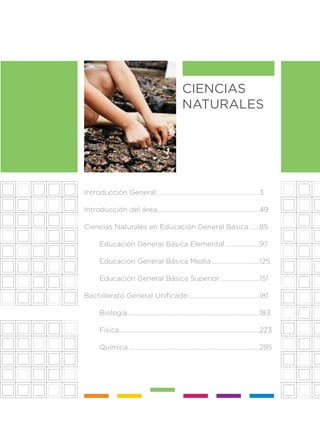 CIENCIAS
NATURALES
Introducción General.................................................................3
Introducción del área................................................................49
Ciencias Naturales en Educación General Básica.......85
Educación General Básica Elemental......................97
Educación General Básica Media...............................125
Educación General Básica Superior.........................151
Bachillerato General Unificado.............................................181
Biología...................................................................................183
Física........................................................................................223
Química..................................................................................295
 