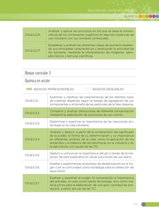 315
Bachillerato General Unificado
QUÍMICA
CN.Q.5.2.16.
Analizar y aplicar los principios en los que se basa la nomen-
clatura de los compuestos orgánicos en algunas sustancias de
uso cotidiano con sus nombres comerciales.
CN.Q.5.2.17.
Establecer y analizar las diferentes clases de isomería resaltan-
do sus principales características y explicando la actividad de
los isómeros, mediante la interpretación de imágenes, ejem-
plos típicos y lecturas científicas.
Bloque curricular 3
Química en acción
BÁSICOS IMPRESCINDIBLES BÁSICOS DESEABLES
CN.Q.5.3.1.
Examinar y clasificar las características de los distintos tipos
de sistemas dispersos según el estado de agregación de sus
componentes y el tamaño de las partículas de la fase dispersa.
CN.Q.5.3.2.
Comparar y analizar disoluciones de diferente concentración
mediante la elaboración de soluciones de uso común.
CN.Q.5.3.3.
Determinar y examinar la importancia de las reacciones áci-
do-base en la vida cotidiana.
CN.Q.5.3.4.
Analizar y deducir a partir de la comprensión del significado
de la acidez, la forma de su determinación y su importancia
en diferentes ámbitos de la vida, como la aplicación de los
antiácidos y el balance del pH estomacal, en la industria y en
la agricultura, con ayuda de las TIC.
CN.Q.5.3.5.
Deducir y comunicar la importancia del pH a través de la me-
dición de este parámetro en varias soluciones de uso diario.
CN.Q.5.3.6.
Diseñar y experimentar el proceso de desalinización en el ho-
gar o en la comunidad como estrategia para la obtención de
agua dulce.
CN.Q.5.3.7.
Explicar y examinar el origen, la composición e importancia
del petróleo, no solo como fuente de energía, sino como ma-
teria prima para la elaboración de una gran cantidad de pro-
ductos, a partir del uso de las TIC.
 