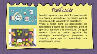 Planificación
Permite organizar y conducir los procesos de
enseñanza y aprendizaje necesarios para la
consecución de los o...