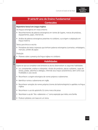 113 
Currículo do Estado de São Paulo 
Língua 
Estrangeira 
Moderna 
5a- série/6o- ano do Ensino Fundamental 
2º- Bimestre 
Conteúdos 
Repertório lexical em Língua Inglesa 
As línguas estrangeiras em nosso entorno 
• Reconhecimento de palavras estrangeiras em nomes de lugares, marcas de produtos, 
equipamentos, jogos, internet etc. 
• Análise de palavras estrangeiras presentes no cotidiano, sua origem e adaptação em 
língua materna 
Textos para leitura e escrita 
• Portadores de textos impressos que tenham palavras estrangeiras (camisetas, embalagens, 
manuais, cartões de jogos) 
Produção 
• Pôsteres sobre a presença da língua inglesa no cotidiano 
Habilidades 
Espera-se que ao completar este bimestre os alunos desenvolvam as seguintes habilidades: 
• Ler, compreender, analisar e interpretar: rótulos de produtos, placas e pôsteres, capas de 
revista, piadas, adivinhas e diálogos, inferindo seus traços característicos, bem como suas 
finalidades e usos sociais 
• Reconhecer a origem estrangeira de nomes próprios e sobrenomes 
• Identificar nomes e sobrenomes em inglês 
• Reconhecer variações de nomes próprios (nomes de batismo/registro) e apelidos na língua 
inglesa 
• Reconhecer o uso do apóstrofo (’s) como marca de posse 
• Reconhecer o uso de “the + sobrenome + s” como expressão que indica uma família 
• Produzir pôsteres com base em um tema 
 