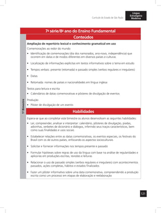 121 
Currículo do Estado de São Paulo 
Língua 
Estrangeira 
Moderna 
7a- série/8o- ano do Ensino Fundamental 
1º- Bimestre 
Conteúdos 
Ampliação de repertório lexical e conhecimento gramatical em uso 
Comemorações ao redor do mundo 
• Identificação de comemorações (dia dos namorados, ano-novo, independência) que 
ocorrem em datas e de modos diferentes em diversos países e culturas 
• Localização de informações explícitas em textos informativos sobre o tema em estudo 
• Tempos verbais: presente (retomada) e passado simples (verbos regulares e irregulares) 
• Datas 
• Retomada: nomes de países e nacionalidades em língua inglesa 
Textos para leitura e escrita 
• Calendários de datas comemorativas e pôsteres de divulgação de eventos 
Produção 
• Pôster de divulgação de um evento 
Habilidades 
Espera-se que ao completar este bimestre os alunos desenvolvam as seguintes habilidades: 
• Ler, compreender, analisar e interpretar: calendário, pôsteres de divulgação, piadas, 
adivinhas, verbetes de dicionário e diálogos, inferindo seus traços característicos, bem 
como suas finalidades e usos sociais 
• Estabelecer relações entre as datas comemorativas, os eventos especiais, os festivais do 
Brasil com os de outros países, enfocando os aspectos socioculturais 
• Solicitar e fornecer informações nos tempos presente e passado 
• Formular hipóteses sobre regras de uso da língua com base na análise de regularidades e 
aplicá-las em produções escritas, revisões e leituras 
• Relacionar o uso de passado simples (verbos regulares e irregulares) com acontecimentos 
passados, ações completas, hábitos e estados finalizados 
• Fazer um pôster informativo sobre uma data comemorativa, compreendendo a produção 
escrita como um processo em etapas de elaboração e reelaboração 
 