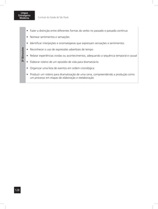 Língua 
Estrangeira 
Moderna Currículo do Estado de São Paulo 
128 
3º- Bimestre 
• Fazer a distinção entre diferentes formas do verbo no passado e passado contínuo 
• Nomear sentimentos e sensações 
• Identificar interjeições e onomatopeias que expressam sensações e sentimentos 
• Reconhecer o uso de expressões adverbiais de tempo 
• Relatar experiências vividas ou acontecimentos, adequando a sequência temporal e causal 
• Elaborar roteiro de um episódio de vida para dramatizá-lo 
• Organizar uma lista de eventos em ordem cronológica 
• Produzir um roteiro para dramatização de uma cena, compreendendo a produção como 
um processo em etapas de elaboração e reelaboração 
 