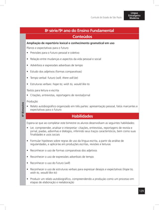 129 
Currículo do Estado de São Paulo 
Língua 
Estrangeira 
Moderna 
8a- série/9o- ano do Ensino Fundamental 
4º- Bimestre 
Conteúdos 
Ampliação de repertório lexical e conhecimento gramatical em uso 
Planos e expectativas para o futuro 
• Previsões para o futuro pessoal e coletivo 
• Relação entre mudanças e aspectos da vida pessoal e social 
• Advérbios e expressões adverbiais de tempo 
• Estudo dos adjetivos (formas comparativas) 
• Tempo verbal: futuro (will, there will be) 
• Estruturas verbais: hope to; wish to, would like to 
Textos para leitura e escrita 
• Citações, entrevistas, reportagens de revista/jornal 
Produção 
• Relato autobiográfico organizado em três partes: apresentação pessoal, fatos marcantes e 
expectativas para o futuro 
Habilidades 
Espera-se que ao completar este bimestre os alunos desenvolvam as seguintes habilidades: 
• Ler, compreender, analisar e interpretar: citações, entrevistas, reportagens de revista e 
jornal, piadas, adivinhas e diálogos, inferindo seus traços característicos, bem como suas 
finalidades e usos sociais 
• Formular hipóteses sobre regras de uso da língua escrita, a partir da análise de 
regularidades, e aplicá-las em produções escritas, revisões e leituras 
• Reconhecer o uso de formas comparativas dos adjetivos 
• Reconhecer o uso de expressões adverbiais de tempo 
• Reconhecer o uso do futuro (will) 
• Reconhecer o uso de estruturas verbais para expressar desejos e expectativas (hope to, 
wish to, would like to) 
• Produzir um relato autobiográfico, compreendendo a produção como um processo em 
etapas de elaboração e reelaboração 
 