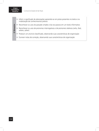 Língua 
Estrangeira 
Moderna Currículo do Estado de São Paulo 
132 
2º- Bimestre 
• Inferir o significado de abreviações apoiando-se em pistas presentes no texto e na 
mobilização de conhecimentos prévios 
• Reconhecer os usos do passado simples e da voz passiva em um texto informativo 
• Reconhecer os usos de pronomes interrogativos e de pronomes relativos (who, that, 
where, when) 
• Produzir um anúncio classificado, observando suas características de organização 
• Escrever notas de correção, observando suas características de organização 
 