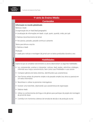 Língua 
Estrangeira 
Moderna Currículo do Estado de São Paulo 
134 
1a- série do Ensino Médio 
4º- Bimestre 
Conteúdos 
Informação no mundo globalizado 
Notícias e leads 
A organização de um lead (lead paragraphs) 
• Localização de informações em leads: o quê, quem, quando, onde, por quê 
• Notícias (reconhecimento do tema) 
• Voz passiva, passado, passado contínuo e presente 
Textos para leitura e escrita 
• Notícias e leads 
Produção 
• Leads para notícias e montagem de jornal com os textos produzidos durante o ano 
Habilidades 
Espera-se que ao completar este bimestre os alunos desenvolvam as seguintes habilidades: 
• Ler, compreender, analisar e interpretar: notícias, lead, piadas, adivinhas e diálogos, 
inferindo seus traços característicos, bem como suas finalidades e usos sociais 
• Comparar gêneros de textos distintos, identificando suas características 
• Usar formas verbais do presente simples e do passado simples (voz ativa ou passiva) em 
um texto informativo 
• Reconhecer e utilizar os pronomes interrogativos 
• Escrever uma manchete, observando suas características de organização 
• Elaborar leads 
• Utilizar os conhecimentos de língua e de gênero para participar de projeto de montagem 
de jornal de classe 
• Contribuir em momentos coletivos de tomada de decisão e de produção escrita 
 