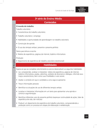 139 
Currículo do Estado de São Paulo 
Língua 
Estrangeira 
Moderna 
3a- série do Ensino Médio 
1º- Bimestre 
Conteúdos 
O mundo do trabalho 
Trabalho voluntário 
• Características do trabalho voluntário 
• Trabalho voluntário × emprego 
• Habilidades e oportunidades de aprendizagem no trabalho voluntário 
• Construção de opinião 
• O uso dos tempos verbais: presente e presente perfeito 
Textos para leitura e escrita 
• Relatos de experiência, páginas de internet, boletins informativos 
Produção 
• Depoimento de experiência de trabalho voluntário (testimonial) 
Habilidades 
Espera-se que ao completar este bimestre os alunos desenvolvam as seguintes habilidades: 
• Ler, compreender, analisar e interpretar: relatos de experiência, páginas de internet, 
boletins informativos, piadas, adivinhas, verbetes de dicionário e diálogos, inferindo seus 
traços característicos, bem como suas finalidades e usos sociais 
• Avaliar o contexto em que o candidato a uma vaga se apresenta 
• Trocar informações pessoais 
• Identificar as situações de uso de diferentes tempos verbais 
• Localizar e interpretar informações em um texto para apresentar uma opinião e 
construir argumentação 
• Identificar diferentes usos do presente perfeito (expressar continuidade de ações, falar de 
experiência de vida, dar notícias) 
• Produzir um depoimento de experiência de trabalho voluntário, compreendendo a 
produção como um processo em etapas de elaboração e reelaboração 
 