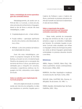 153 
Currículo do Estado de São Paulo 
Arte 
Sobre a metodologia de ensino-aprendiza-gem 
dos conteúdos básicos 
Metodologicamente, de acordo com os 
PCN de Arte e o Currículo, o ensino de arte, 
visto como área de conhecimento e linguagem, 
deverá se dar de forma a articular três eixos 
metodológicos, a saber: 
• Criação/produção em arte – o fazer artístico. 
• Fruição estética – apreciação significativa 
da arte e do universo a ela relacionado, lei-tura, 
crítica. 
• Reflexão: a arte como produto da história e 
da multiplicidade de culturas. 
Esses três eixos metodológicos, pre-sentes 
na proposta triangular de Ana Mae 
Barbosa, articulam-se com a fundamentação 
filosófica da proposta com a concepção dos 
territórios de Arte e Cultura, que abrem pos-sibilidades 
para o mergulho em conceitos, 
conteúdos e experiências estéticas nas lin-guagens 
da Arte, colocando-a como objeto 
de estudo. 
Sobre os subsídios para implantação do 
Currículo proposto 
Arte como objeto de estudo no contexto 
escolar, por meio de uma cartografia, é a ideia 
que impulsiona os caminhos traçados para o 
Caderno do Professor e para o Caderno do 
Aluno, orientando os processos educativos em 
Arte da 5a série/6o ano do Ensino Fundamental à 
2a série do Ensino Médio. 
Sobre a organização das grades 
curriculares (série/ano por bimestre): 
conteúdos associados a habilidades 
Desse modo, partindo da composição 
do mapa dos territórios da Arte, é que apre-sentamos 
a seguir os conteúdos e habilidades 
por bimestre. Os conteúdos traçados no pre-sente 
Currículo serão estudados com ênfase 
na linguagem artística da formação do profes-sor, 
sendo as demais linguagens apresentadas 
contempladas no processo educativo durante 
o ano letivo. 
Referências 
ABREU, Regina; CHAGAS, Mário (Org.). Me-mória 
e patrimônio: ensaios contemporâneos. 
Rio de Janeiro: DP&A, 2003. 
BARBOSA, Ana Mae. Inquietação e mudanças 
no ensino da arte. São Paulo: Cortez, 2002. 
DELEUZE, Gilles; GUATTARI, Félix. Rizomas. In: 
Mil platôs. Rio de Janeiro: 34, 1995. 1 v. 
FARIAS, Agnaldo. Arte brasileira hoje. São Paulo: 
Publifolha, 2002. 128 p. 
 