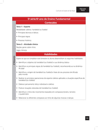 191 
Currículo do Estado de São Paulo 
Educação 
Física 
5a- série/6o- ano do Ensino Fundamental 
4º- Bimestre 
Conteúdos 
Tema 1 – Esporte 
Modalidade coletiva: handebol ou futebol 
• Princípios técnicos e táticos 
• Principais regras 
• Processo histórico 
Tema 2 – Atividade rítmica 
Noções gerais sobre ritmo 
Jogos rítmicos 
Habilidades 
Espera-se que ao completar este bimestre os alunos desenvolvam as seguintes habilidades: 
• Identificar o objetivo do handebol (ou futebol) e sua dinâmica básica 
• Identificar as principais regras do handebol (ou futebol), reconhecendo-as na dinâmica 
do jogo 
• Identificar a origem do handebol (ou futebol) e fases de seu processo de difusão 
pelo mundo 
• Realizar os princípios operacionais do es porte coletivo aplicados a situações específicas do 
handebol (ou futebol) 
• Elaborar pensamento tático individual e coletivo 
• Praticar situações reduzidas do handebol (ou futebol) 
• Identificar o ritmo dos movimentos baseados em compassos binário, ternário 
e quaternário 
• Relacionar os diferentes compassos ao ritmo de algumas músicas e danças 
 