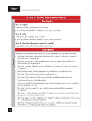 Educação 
Física Currículo do Estado de São Paulo 
196 
7a- série/8o- ano do Ensino Fundamental 
1º- Bimestre 
Conteúdos 
Tema 1 – Esporte 
Atletismo (corridas, arremessos e lançamentos) 
• Princípios técnicos e táticos, principais regras, processo histórico 
Tema 2 – Luta 
Judô, caratê, tae kwon do, boxe ou outra 
• Princípios técnicos e táticos, principais regras, processo histórico 
Tema 3 – Organismo humano, movimento e saúde 
Capacidades físicas: aplicações no atletismo e na luta 
Habilidades 
Espera-se que ao completar este bimestre os alunos desenvolvam as seguintes habilidades: 
• Identificar diferentes possibilidades de saltar obstáculos e relacioná-las com a evolução 
das técnicas das corridas atuais 
• Identificar ajustes na corrida e posicionamento do corpo para ultrapassar barreiras e 
obstáculos em diferentes alturas 
• Identificar e explicar princípios técnicos relacionados às provas de corridas com barreiras 
e obstáculos 
• Identificar os princípios técnicos relacionados às provas de arremesso e lançamentos 
• Identificar diferentes formas de arremesso e lançamentos 
• Reconhecer diferenças e semelhanças entre as três modalidades de lançamentos 
• Comparar as diferentes modalidades de luta 
• Reconhecer as diferentes etapas do processo histórico de desenvolvimento do caratê (ou 
outras modalidades de luta) 
• Identificar exercícios específicos que mobilizem as capacidades físicas acionadas 
no atletismo 
• Identificar as implicações das capacidades físicas predominantes nas provas de barreiras e 
obstáculos, arremessos e lançamentos 
• Identificar alguns exercícios específicos que mobilizem as capacidades físicas mencionadas 
no caratê (ou outras modalidades de luta) 
• Identificar e comparar os diferentes grupos musculares mobilizados nas sequências de 
movimentos do caratê (ou outras modalidades de luta) 
 