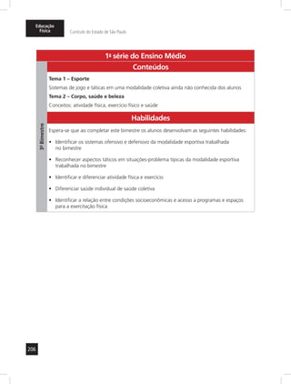 Educação 
Física Currículo do Estado de São Paulo 
206 
1a- série do Ensino Médio 
3º- Bimestre 
Conteúdos 
Tema 1 – Esporte 
Sistemas de jogo e táticas em uma modalidade coletiva ainda não conhecida dos alunos 
Tema 2 – Corpo, saúde e beleza 
Conceitos: atividade física, exercício físico e saúde 
Habilidades 
Espera-se que ao completar este bimestre os alunos desenvolvam as seguintes habilidades: 
• Identificar os sistemas ofensivo e defensivo da modalidade esportiva trabalhada 
no bimestre 
• Reconhecer aspectos táticos em situações-problema típicas da modalidade esportiva 
trabalhada no bimestre 
• Identificar e diferenciar atividade física e exercício 
• Diferenciar saúde individual de saúde coletiva 
• Identificar a relação entre condições socioeconômicas e acesso a programas e espaços 
para a exercitação física 
 