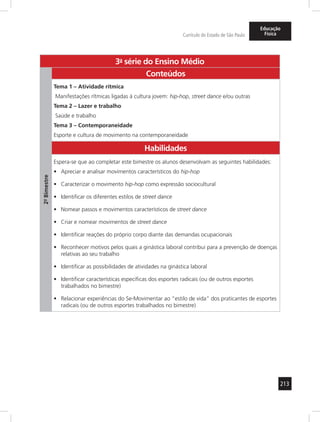 213 
Currículo do Estado de São Paulo 
Educação 
Física 
3a- série do Ensino Médio 
2º- Bimestre 
Conteúdos 
Tema 1 – Atividade rítmica 
Manifestações rítmicas ligadas à cultura jovem: hip-hop, street dance e/ou outras 
Tema 2 – Lazer e trabalho 
Saúde e trabalho 
Tema 3 – Contemporaneidade 
Esporte e cultura de movimento na contemporaneidade 
Habilidades 
Espera-se que ao completar este bimestre os alunos desenvolvam as seguintes habilidades: 
• Apreciar e analisar movimentos característicos do hip-hop 
• Caracterizar o movimento hip-hop como expressão sociocultural 
• Identificar os diferentes estilos de street dance 
• Nomear passos e movimentos característicos de street dance 
• Criar e nomear movimentos de street dance 
• Identificar reações do próprio corpo diante das demandas ocupacionais 
• Reconhecer motivos pelos quais a ginástica laboral contribui para a prevenção de doenças 
relativas ao seu trabalho 
• Identificar as possibilidades de atividades na ginástica laboral 
• Identificar características específicas dos esportes radicais (ou de outros esportes 
trabalhados no bimestre) 
• Relacionar experiências do Se-Mov imentar ao “estilo de vida” dos praticantes de esportes 
radicais (ou de outros esportes trabalhados no bimestre) 
 