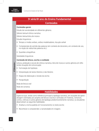 Língua 
Portuguesa Currículo do Estado de São Paulo 
46 
5a- série/6o- ano do Ensino Fundamental 
2º- Bimestre 
Conteúdos 
Conteúdos gerais 
Estudo da narratividade em diferentes gêneros 
Gênero textual crônica narrativa 
Gênero textual letra de música 
Estudos linguísticos 
• Tempos e modos verbais, verbos modalizadores, locução verbal 
• Compreensão do sentido das palavras (em contexto de dicionário, em contexto de uso, 
na noção do radical das palavras etc.) 
• Questões ortográficas 
Variedades linguísticas 
Conteúdo de leitura, escrita e oralidade 
Leitura, produção e escuta de crônica narrativa, letra de música e outros gêneros em dife-rentes 
situações de comunicação 
• Formulação de hipóteses 
• Interpretação de textos literário e não literário 
• Etapas de elaboração e revisão da escrita 
• Paragrafação 
Roda de leitura oral 
Roda de conversa 
Habilidades 
Espera-se que, tendo como referência principal a tipologia narrativa, em situações de apren-dizagem 
orientadas por projetos de leitura e escrita e centradas em histórias, romances, 
contos, crônicas e outros gêneros de tipologia predominantemente narrativa, os estudantes 
desenvolvam as seguintes habilidades: 
• Analisar a norma-padrão em funcionamento no texto escrito 
• Reconhecer e compreender a narratividade em imagens 
 