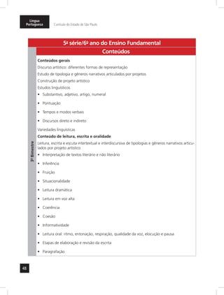 Língua 
Portuguesa Currículo do Estado de São Paulo 
48 
5a- série/6o- ano do Ensino Fundamental 
3º- Bimestre 
Conteúdos 
Conteúdos gerais 
Discurso artístico: diferentes formas de representação 
Estudo de tipologia e gêneros narrativos articulados por projetos 
Construção de projeto artístico 
Estudos linguísticos 
• Substantivo, adjetivo, artigo, numeral 
• Pontuação 
• Tempos e modos verbais 
• Discursos direto e indireto 
Variedades linguísticas 
Conteúdo de leitura, escrita e oralidade 
Leitura, escrita e escuta intertextual e interdiscursiva de tipologias e gêneros narrativos articu-lados 
por projeto artístico 
• Interpretação de textos literário e não literário 
• Inferência 
• Fruição 
• Situacionalidade 
• Leitura dramática 
• Leitura em voz alta 
• Coerência 
• Coesão 
• Informatividade 
• Leitura oral: ritmo, entonação, respiração, qualidade da voz, elocução e pausa 
• Etapas de elaboração e revisão da escrita 
• Paragrafação 
 