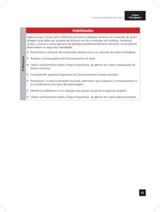 49 
Currículo do Estado de São Paulo 
Língua 
Portuguesa 
3º- Bimestre 
Habilidades 
Espera-se que, tendo como referência principal a tipologia narrativa, em situações de apren-dizagem 
orientadas por projetos de leitura e escrita e centradas em histórias, romances, 
contos, crônicas e outros gêneros de tipologia predominantemente narrativa, os estudantes 
desenvolvam as seguintes habilidades: 
• Reconhecer o processo de composição textual como um conjunto de ações interligadas 
• Analisar a norma-padrão em funcionamento no texto 
• Utilizar conhecimento sobre a língua (linguísticos, de gênero etc.) para a elaboração de 
textos narrativos 
• Compreender aspectos linguísticos em funcionamento no texto narrativo 
• Reconhecer, na leitura de textos ficcionais, elementos que indiquem o comportamento e 
as características principais das personagens 
• Identificar problemas e criar soluções que possam ajudá-los a organizar projetos 
• Utilizar conhecimento sobre a língua (linguísticos, de gênero etc.) para elaborar projetos 
 