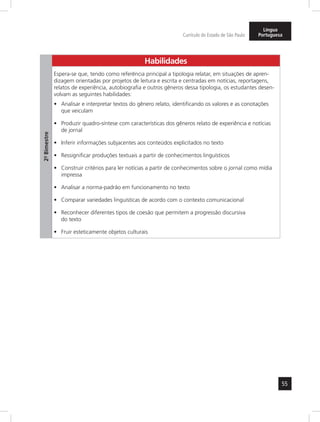 55 
Currículo do Estado de São Paulo 
Língua 
Portuguesa 
2º- Bimestre 
Habilidades 
Espera-se que, tendo como referência principal a tipologia relatar, em situações de apren-dizagem 
orientadas por projetos de leitura e escrita e centradas em notícias, reportagens, 
relatos de experiência, autobiografia e outros gêneros dessa tipologia, os estudantes desen-volvam 
as seguintes habilidades: 
• Analisar e interpretar textos do gênero relato, identificando os valores e as conotações 
que veiculam 
• Produzir quadro-síntese com características dos gêneros relato de experiência e notícias 
de jornal 
• Inferir informações subjacentes aos conteúdos explicitados no texto 
• Ressignificar produções textuais a partir de conhecimentos linguísticos 
• Construir critérios para ler notícias a partir de conhecimentos sobre o jornal como mídia 
impressa 
• Analisar a norma-padrão em funcionamento no texto 
• Comparar variedades linguísticas de acordo com o contexto comunicacional 
• Reconhecer diferentes tipos de coesão que permitem a progressão discursiva 
do texto 
• Fruir esteticamente objetos culturais 
 