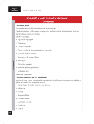 Língua 
Portuguesa Currículo do Estado de São Paulo 
58 
6a- série/7o- ano do Ensino Fundamental 
4º- Bimestre 
Conteúdos 
Conteúdos gerais 
Discurso jornalístico: diferentes formas de representação 
Estudo de tipologia e gêneros do agrupamento tipológico relatar articulados por projetos 
Construção de projeto jornalístico 
Estudos linguísticos 
• Figuras de linguagem 
• Preposição 
• Uso dos “porquês” 
• Forma e grafia de algumas palavras e expressões 
• Discursos direto e indireto 
• Marcadores de tempo e lugar 
• Pontuação 
• Elementos coesivos 
• Pronome: pessoal, possessivo 
• Verbos do dizer 
Variedades linguísticas 
Conteúdo de leitura, escrita e oralidade 
Leitura, escrita e escuta intertextual e interdiscursiva de gêneros do agrupamento tipológico 
relatar articulados por projeto jornalístico 
• Interpretação de textos literário e não literário 
• Inferência 
• Fruição 
• Situacionalidade 
• Leitura dramática 
• Leitura em voz alta 
• Coerência 
• Coesão 
 