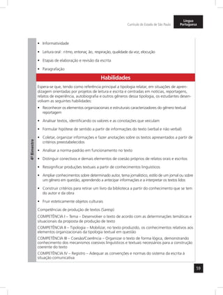 59 
Currículo do Estado de São Paulo 
Língua 
Portuguesa 
4º- Bimestre 
• Informatividade 
• Leitura oral : ritmo, entonaç ão, respiração, qualidade da voz, elocução 
• Etapas de elaboração e revisão da escrita 
• Paragrafação 
Habilidades 
Espera-se que, tendo como referência principal a tipologia relatar, em situações de apren-dizagem 
orientadas por projetos de leitura e escrita e centradas em notícias, reportagens, 
relatos de experiência, autobiografia e outros gêneros dessa tipologia, os estudantes desen-volvam 
as seguintes habilidades: 
• Reconhecer os elementos organizacionais e estruturais caracterizadores do gênero textual 
reportagem 
• Analisar textos, identificando os valores e as conotações que veiculam 
• Formular hipótese de sentido a partir de informações do texto (verbal e não verbal) 
• Coletar, organizar informações e fazer anotações sobre os textos apresentados a partir de 
critérios preestabelecidos 
• Analisar a norma-padrão em funcionamento no texto 
• Distinguir conectivos e demais elementos de coesão próprios de relatos orais e escritos 
• Ressignificar produções textuais a partir de conhecimentos linguísticos 
• Ampliar conhecimentos sobre determinado autor, tema jornalístico, estilo de um jornal ou sobre 
um gênero em questão, aprendendo a antecipar informações e a interpretar os textos lidos 
• Construir critérios para retirar um livro da biblioteca a partir do conhecimento que se tem 
do autor e da obra 
• Fruir esteticamente objetos culturais 
Competências de produção de textos (Saresp) 
COMPETÊNCIA I – Tema – Desenvolver o texto de acordo com as determinações temáticas e 
situacionais da proposta de produção de texto 
COMPETÊNCIA II – Tipologia – Mobilizar, no texto produzido, os conhecimentos relativos aos 
elementos organizacionais da tipologia textual em questão 
COMPETÊNCIA III – Coesão/Coerência – Organizar o texto de forma lógica, demonstrando 
conhecimento dos mecanismos coesivos linguísticos e tex tuais necessários para a construção 
coerente do texto 
COMPETÊNCIA IV – Registro – Adequar as convenções e normas do sistema da escrita à 
situação comunicativa 
 