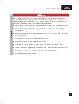 71 
Currículo do Estado de São Paulo 
Língua 
Portuguesa 
2º- Bimestre 
Habilidades 
Espera-se que, tendo como referência principal as tipologias argumentativa e expositiva, 
em situações de aprendizagem orientadas por projetos de leitura e escrita e centradas em 
debate regrado, textos de opinião, artigo de divulgação científica e outros gêneros dessas 
tipologias, os estudantes desenvolvam as seguintes habilidades: 
• Ler e interpretar textos expositivos e argumentativos, inferindo seus traços característicos 
• Selecionar informações de acordo com os objetivos ou intencionalidades da situação 
comunicativa 
• Identificar, escolher e classificar argumentos que sejam a favor ou contrários à defesa de 
um ponto de vista 
• Analisar imagens do ponto de vista de seu caráter político 
• Analisar a norma-padrão em funcionamento no texto 
• Compreender, identificar e utilizar os mecanismos de coerência e coesão no texto 
• Construir parágrafos argumentativos de acordo com o contexto da situação comunicativa 
• Criar hipótese de sentido a partir de informações encontradas no texto 
• Fruir esteticamente objetos culturais 
 