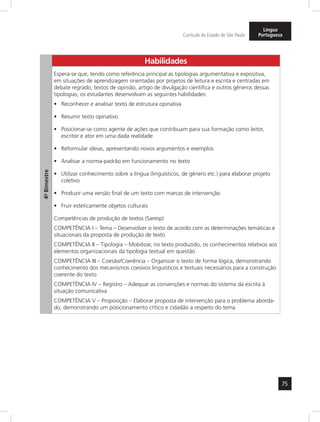 75 
Currículo do Estado de São Paulo 
Língua 
Portuguesa 
4º- Bimestre 
Habilidades 
Espera-se que, tendo como referência principal as tipologias argumentativa e expositiva, 
em situações de aprendizagem orientadas por projetos de leitura e escrita e centradas em 
debate regrado, textos de opinião, artigo de divulgação científica e outros gêneros dessas 
tipologias, os estudantes desenvolvam as seguintes habilidades: 
• Reconhecer e analisar texto de estrutura opinativa 
• Resumir texto opinativo 
• Posicionar-se como agente de ações que contribuam para sua formação como leitor, 
escritor e ator em uma dada realidade 
• Reformular ideias, apresentando novos argumentos e exemplos 
• Analisar a norma-padrão em funcionamento no texto 
• Utilizar conhecimento sobre a língua (linguísticos, de gênero etc.) para elaborar projeto 
coletivo 
• Produzir uma versão final de um texto com marcas de intervenção 
• Fruir esteticamente objetos culturais 
Competências de produção de textos (Saresp) 
COMPETÊNCIA I – Tema – Desenvolver o texto de acordo com as determinações temáticas e 
situacionais da proposta de produção de texto 
COMPETÊNCIA II – Tipologia – Mobilizar, no texto produzido, os conhecimentos relativos aos 
elementos organizacionais da tipologia textual em questão 
COMPETÊNCIA III – Coesão/Coerência – Organizar o texto de forma lógica, demonstrando 
conhecimento dos mecanismos coesivos linguísticos e textuais necessários para a construção 
coerente do texto 
COMPETÊNCIA IV – Registro – Adequar as convenções e normas do sistema da escrita à 
situação comunicativa 
COMPETÊNCIA V – Proposição – Elaborar proposta de intervenção para o problema aborda-do, 
demonstrando um posicionamento crítico e cidadão a respeito do tema 
 