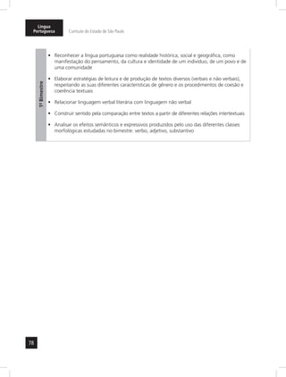Língua 
Portuguesa Currículo do Estado de São Paulo 
78 
1º- Bimestre 
• Reconhecer a língua portuguesa como realidade histórica, social e geográfica, como 
manifestação do pensamento, da cultura e identidade de um indivíduo, de um povo e de 
uma comunidade 
• Elaborar estratégias de leitura e de produção de textos diversos (verbais e não verbais), 
respeitando as suas diferentes características de gênero e os procedimentos de coesão e 
coerência textuais 
• Relacionar linguagem verbal literária com linguagem não verbal 
• Construir sentido pela comparação entre textos a partir de diferentes relações intertextuais 
• Analisar os efeitos semânticos e expressivos produzidos pelo uso das diferentes classes 
morfológicas estudadas no bimestre: verbo, adjetivo, substantivo 
 