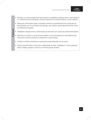 81 
Currículo do Estado de São Paulo 
Língua 
Portuguesa 
2º- Bimestre 
• Distinguir as marcas próprias do texto literário e estabelecer relações entre o texto literário 
e o momento de sua produção, situando aspectos do contexto histórico, social e político 
• Relacionar informações sobre concepções artísticas e procedimentos de construção do 
texto literário com os contextos de produção, para atribuir significados de leituras críticas 
em diferentes situações 
• Estabelecer relações entre as informações do texto lido com outras de conhecimento prévio 
• Identificar em textos o uso de tempos verbais no eixo do presente ou do pretérito para 
reconhecer eventos anteriores e posteriores a esses tempos 
• Analisar os efeitos semânticos e expressivos produzidos pelo uso do verbo 
• Utilizar procedimentos iniciais para a elaboração do texto: estabelecer o tema; pesquisar 
ideias e dados; planejar a estrutura; formular projeto de texto 
 