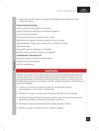 83 
Currículo do Estado de São Paulo 
Língua 
Portuguesa 
3º- Bimestre 
• Organização da informação e utilização das habilidades desenvolvidas em novos 
contextos de leitura. 
Funcionamento da língua 
Análise estilística: verbo, adjetivo, substantivo 
Aspectos linguísticos específicos da construção do gênero 
Construção da textualidade 
Construção linguística da superfície textual: coesão 
Identificação das palavras, sinonímia e ideias-chave em um texto 
Intertextualidade: interdiscursiva, intergenérica, referencial e temática 
Intersemioticidade 
Lexicografia: dicionário, glossário, enciclopédia 
Relações entre os estudos de literatura e linguagem 
Compreensão e discussão oral 
Discussão de pontos de vista em textos literários 
Expressão de opiniões pessoais 
Hetero e autoavaliação 
Habilidades 
Espera-se que, tendo como principal referência as esferas de atividades relacionadas com 
o estudo, bem como a construção semiótico-cultural do conceito de literatura, em situa-ções 
de aprendizagem orientadas por atividades de leitura e escrita, os alunos façam uso 
de diferentes tipos textuais, priorizando, contudo, a tipologia expositiva, e desenvolvam as 
seguintes habilidades: 
• Construir um conceito de Literatura a partir de sua dimensão semiótica, 
compreendendo-o como sistema intersemiótico 
• Analisar, em um texto, os mecanismos linguísticos utilizados na sua construção 
• Reconhecer diferentes elementos internos e externos que estruturam uma entrevista, 
apropriando-se deles no processo de construção do sentido 
• Reconhecer marcas da alteridade do coenunciador presentes no texto 
• Identificar e explicar as diferenças entre comédia e tragédia 
 