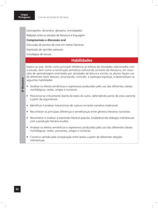 Língua 
Portuguesa Currículo do Estado de São Paulo 
86 
4º- Bimestre 
Lexicografia: dicionário, glossário, enciclopédia 
Relações entre os estudos de literatura e linguagem 
Compreensão e discussão oral 
Discussão de pontos de vista em textos literários 
Expressão de opiniões pessoais 
Estratégias de escuta 
Habilidades 
Espera-se que, tendo como principal referência as esferas de atividades relacionadas com 
o estudo, bem como a construção semiótico-cultural do conceito de literatura, em situa-ções 
de aprendizagem orientadas por atividades de leitura e escrita, os alunos façam uso 
de diferentes tipos tex tuais, priorizando, contudo, a tipologia exposiçã, e desenvolvam as 
seguintes habilidades: 
• Analisar os efeitos semânticos e expressivos produzidos pelo uso das diferentes classes 
morfológicas: verbo, artigos e numerais 
• Posicionar-se criticamente diante do texto do outro, defendendo ponto de vista coerente 
a partir de argumentos 
• Identificar e analisar mecanismos de ruptura no texto narrativo tradicional 
• Reconhecer as principais diferenças e semelhanças entre gêneros literários narrativos 
• Reconhecer e analisar a expressão literária popular, estabelecendo diálogos intertextuais 
com a produção literária erudita 
• Analisar os efeitos semânticos e expressivos produzidos pelo uso das diferentes classes 
morfológicas: verbo, pronomes, artigos e numerais 
• Construir sentido pela comparação entre textos a partir de diferentes relações 
intertextuais 
 