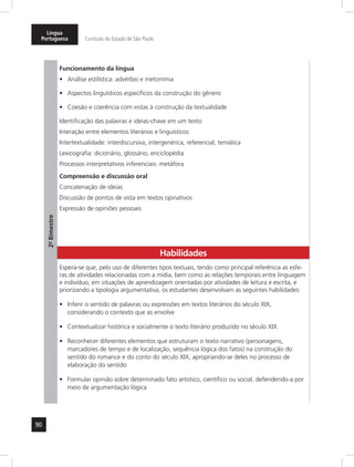 Língua 
Portuguesa Currículo do Estado de São Paulo 
90 
2º- Bimestre 
Funcionamento da língua 
• Análise estilística: advérbio e metonímia 
• Aspectos linguísticos específicos da construção do gênero 
• Coesão e coerência com vistas à construção da textualidade 
Identificação das palavras e ideias-chave em um texto 
Interação entre elementos literários e linguísticos 
Intertextualidade: interdiscursiva, intergenérica, referencial, temática 
Lexicografia: dicionário, glossário, enciclopédia 
Processos interpretativos inferenciais: metáfora 
Compreensão e discussão oral 
Concatenação de ideias 
Discussão de pontos de vista em textos opinativos 
Expressão de opiniões pessoais 
Habilidades 
Espera-se que, pelo uso de diferentes tipos textuais, tendo como principal referência as esfe-ras 
de atividades relacionadas com a mídia, bem como as relações temporais entre linguagem 
e indivíduo, em situações de aprendizagem orientadas por atividades de leitura e escrita, e 
priorizando a tipologia argumentativa, os estudantes desenvolvam as seguintes habilidades: 
• Inferir o sentido de palavras ou expressões em textos literários do século XIX, 
considerando o contexto que as envolve 
• Contextualizar histórica e socialmente o texto literário produzido no século XIX 
• Reconhecer diferentes elementos que estruturam o texto narrativo (personagens, 
marcadores de tempo e de localização, sequência lógica dos fatos) na construção do 
sentido do romance e do conto do século XIX, apropriando-se deles no processo de 
elaboração do sentido 
• Formular opinião sobre determinado fato artístico, científico ou social, defendendo-a por 
meio de argumentação lógica 
 
