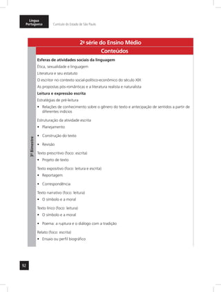Língua 
Portuguesa Currículo do Estado de São Paulo 
92 
2a- série do Ensino Médio 
3º- Bimestre 
Conteúdos 
Esferas de atividades sociais da linguagem 
Ética, sexualidade e linguagem 
Literatura e seu estatuto 
O escritor no contexto social-político-econômico do século XIX 
As propostas pós-românticas e a literatura realista e naturalista 
Leitura e expressão escrita 
Estratégias de pré-leitura 
• Relações de conhecimento sobre o gênero do texto e antecipação de sentidos a partir de 
diferentes indícios 
Estruturação da atividade escrita 
• Planejamento 
• Construção do texto 
• Revisão 
Texto prescritivo (foco: escrita) 
• Projeto de texto 
Texto expositivo (foco: leitura e escrita) 
• Reportagem 
• Correspondência 
Texto narrativo (foco: leitura) 
• O símbolo e a moral 
Texto lírico (foco: leitura) 
• O símbolo e a moral 
• Poema: a ruptura e o diálogo com a tradição 
Relato (foco: escrita) 
• Ensaio ou perfil biográfico 
 