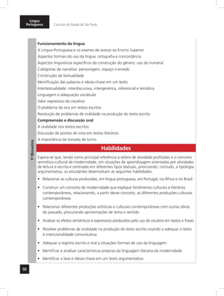 Língua 
Portuguesa Currículo do Estado de São Paulo 
98 
1º- Bimestre 
Funcionamento da língua 
A Língua Portuguesa e os exames de acesso ao Ensino Superior 
Aspectos formais do uso da língua: ortografia e concordância 
Aspectos linguísticos específicos da construção do gênero: uso do numeral 
Categorias da narrativa: personagem, espaço e enredo 
Construção da textualidade 
Identificação das palavras e ideias-chave em um texto 
Intertextualidade: interdiscursiva, intergenérica, referencial e temática 
Linguagem e adequação vocabular 
Valor expressivo do vocativo 
O problema do eco em textos escritos 
Resolução de problemas de oralidade na produção do texto escrito 
Compreensão e discussão oral 
A oralidade nos textos escritos 
Discussão de pontos de vista em textos literários 
A importância da tomada de turno 
Habilidades 
Espera-se que, tendo como principal referência a esfera de atividade profissões e o conceito 
semiótico-cultural de modernidade, em situações de aprendizagem orientadas por atividades 
de leitura e escrita e centradas em diferentes tipos textuais, priorizando, contudo, a tipologia 
argumentativa, os estudantes desenvolvam as seguintes habilidades: 
• Relacionar as culturas produzidas, em língua portuguesa, em Portugal, na África e no Brasil 
• Construir um conceito de modernidade que explique fenômenos culturais e literários 
contemporâneos, relacionando, a partir desse conceito, as diferentes produções culturais 
contemporâneas 
• Relacionar diferentes produções artísticas e culturais contemporâneas com outras obras 
do passado, procurando aproximações de tema e sentido 
• Analisar os efeitos semânticos e expressivos produzidos pelo uso do vocativo em textos e frases 
• Resolver problemas de oralidade na produção do texto escrito visando a adequar o texto 
à intencionalidade comunicativa 
• Adequar o registro escrito e oral a situações formais de uso da linguagem 
• Identificar e analisar características próprias da linguagem literária da modernidade 
• Identificar a tese e ideias-chave em um texto argumentativo 
 