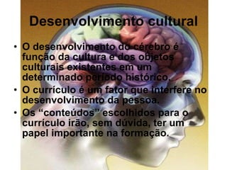 Desenvolvimento cultural O desenvolvimento do cérebro é função da cultura e dos objetos culturais existentes em um determinado período histórico. O currículo é um fator que interfere no desenvolvimento da pessoa. Os “conteúdos” escolhidos para o currículo irão, sem dúvida, ter um papel importante na formação. 
