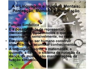 A – Linguagem e Imagens Mentais: Percepção, Memória e Imaginação Função Simbólica É a possibilidade de representar, mentalmente, por símbolos o que ela experimenta, sensivelmente, no real. Ela permite ao ser humano construir significados e acumular conhecimentos. A linguagem escrita, a matemática, a química, a física, o sistema de notação da dança, da música são manifestações da função simbólica. 